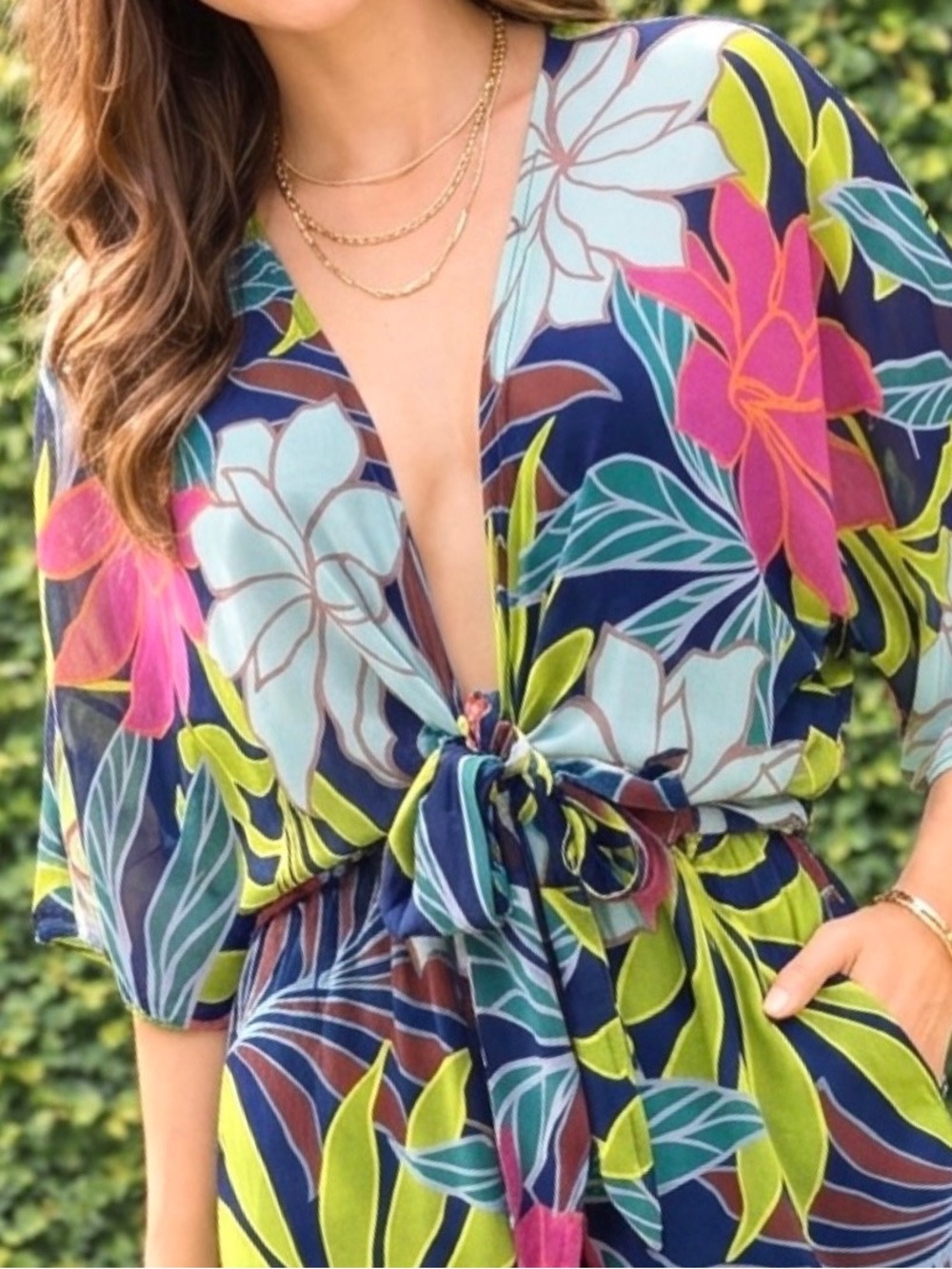 Vince Camuto Navy Floral Tie-Front Jumpsuit